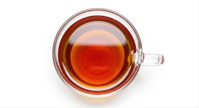 Top view of a steaming cup of rooibos tea isolated on a pristine white background, showcasing rich amber tones and clear glass handle