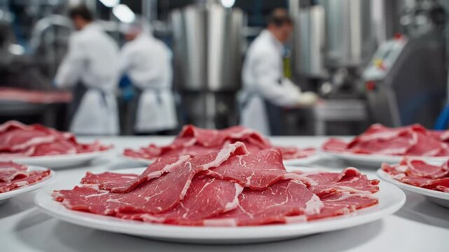 Thinly sliced raw meat prepared for processing on white plates, in a facility