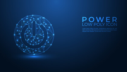 Futuristic low poly power button icon with glowing blue polygonal mesh and grainy dark background representing technology startup control energy and digital innovation design. © AlAhsan