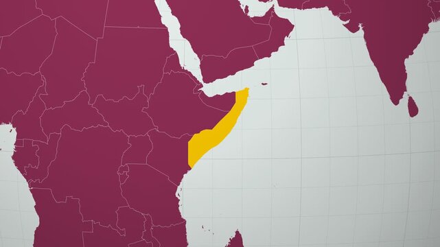 Somalia map. Animated zoom into the country on the Globe in Pale Mint Dark Pink color palette. Country logo animation with round text and airplanes. Map with meridians, parallels. Artistic video.