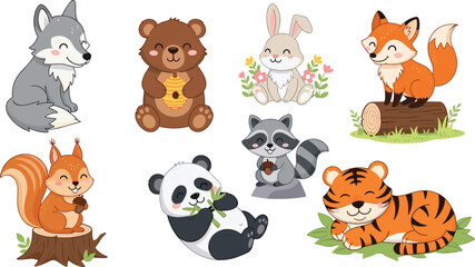 Cartoon Forest Animals Set with Fox, Bear, Tiger, Panda, Rabbit, Raccoon, Squirrel, and Wolf in Cute Designs