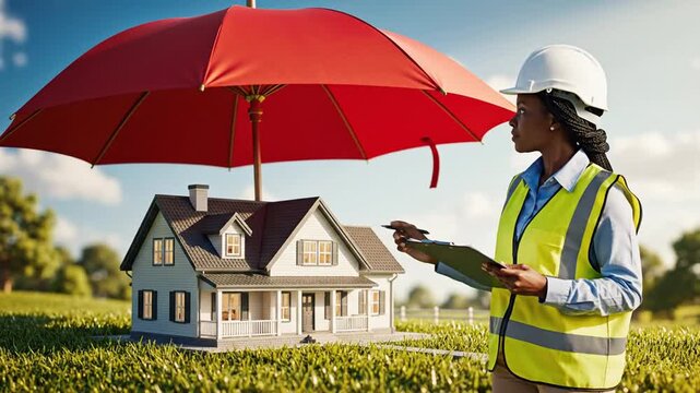 Detailed 3D render of a tiny residential dwelling shielded by a giant scarlet parasol while a certified building inspector assesses real estate safety and comprehensive property insurance coverage
