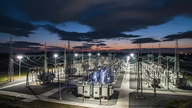 Breathtaking aerial drone timelapse of vast electrical power substation at dusk featuring complex industrial energy infrastructure with luminous glowing lights under a dramatic twilight sky view