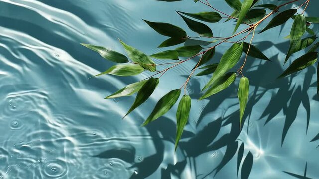 Fresh bamboo leaf floats on blue transparent water creating gentle waves in sunny light