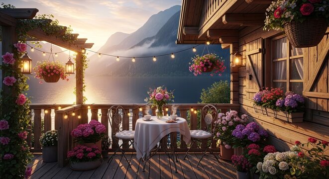 Charming outdoor terrace with flowers overlooking mountains and water scenery