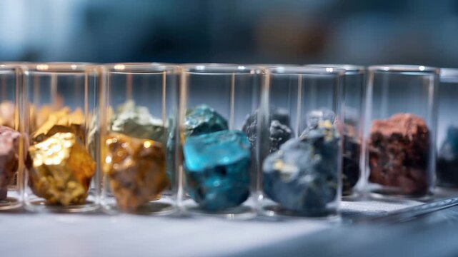 Laboratory study of rare earth elements with colorful mineral samples in glass containers