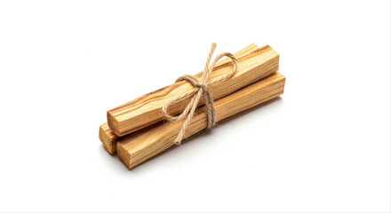 Bundle of palo santo sticks tied with twine, isolated on a pristine white background