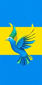 Abstract dove of peace intertwined with Ukrainian flag colors, representing a plea for peace,  freedom,  flag colors