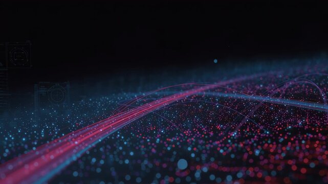 Neural network big data flow visualization binary code matrix machine learning abstract background quantum computing cyber glowing digital landscape with colorful particle streams and flowing data