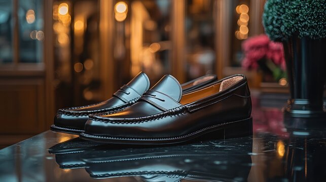 Polished dark brown leather loafers displayed in a luxury boutique.  Use E-commerce