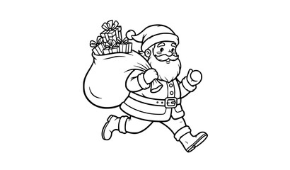 Cute Santa Claus running with presents outline Christmas coloring page vector