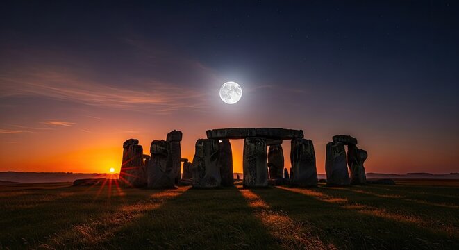 Stone circle at dusk under a full moon with long shadows and warm light