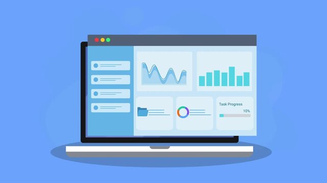 Animated laptop displaying business data dashboard with charts, panels, and metrics, representing analytics, monitoring, and performance tracking in a modern flat design.