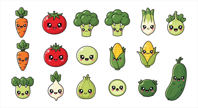 Cute Vegetable Character Emote Sticker Set, Kawaii Food Mascot Emoji Pack, Cartoon Veggie Reaction Icons Vector Collection
