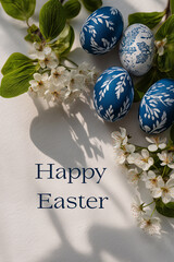 Obraz premium Celebrate the joy of Easter with beautiful blue eggs and blossoms in a serene spring setting Generative AI
