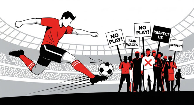 Soccer player kicking ball protest crowd stadium.