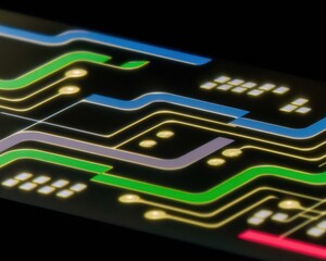 Printed circuit board layout on a digital screen displaying microchip architecture with colorful trace lines for hardware engineering and electronics manufacturing