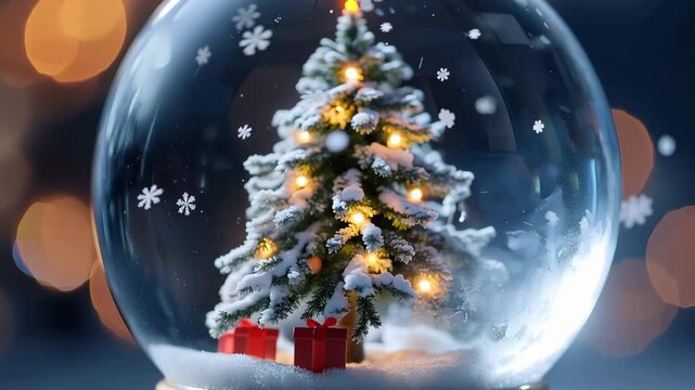 Snow globe displays Christmas tree with lights and snow, capturing festive spirit and holiday cheer in winter season