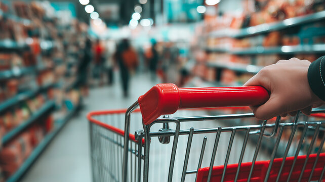Holding a vibrant red shopping cart handle in a bustling grocery store aisle filled with products Generative AI