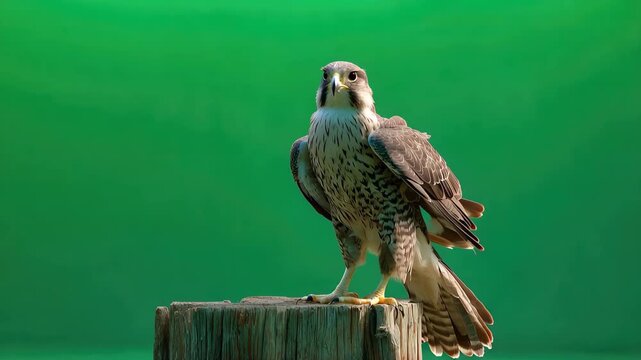 Majestic peregrine falcon sitting on wooden post in a natural setting ready for flight