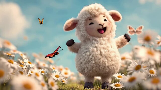 Playful lamb dances in a field filled with flowers during Easter celebration in spring sunshine