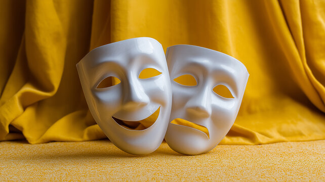Two elegant white theater masks capture the essence of emotions on a vibrant yellow backdrop Generative AI