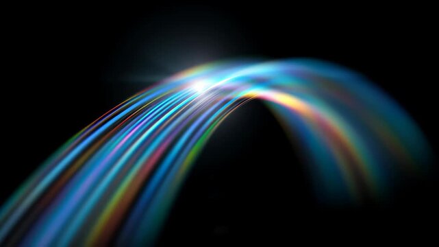 Abstract animation background refraction effect render shape blue soft ribbon flowing rainbow light ribbons create smooth glowing curved luminous arch of light with subtle bokeh highlight and dynamic