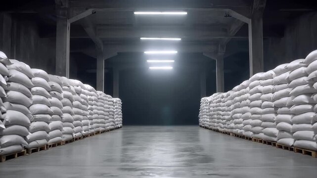 Warehouse with bags of cement stored on pallets under bright lights for promotional use