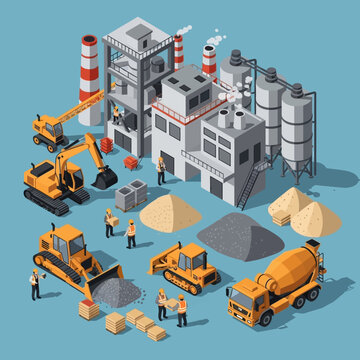 Isometric illustration of a cement factory with various construction vehicles and materials.