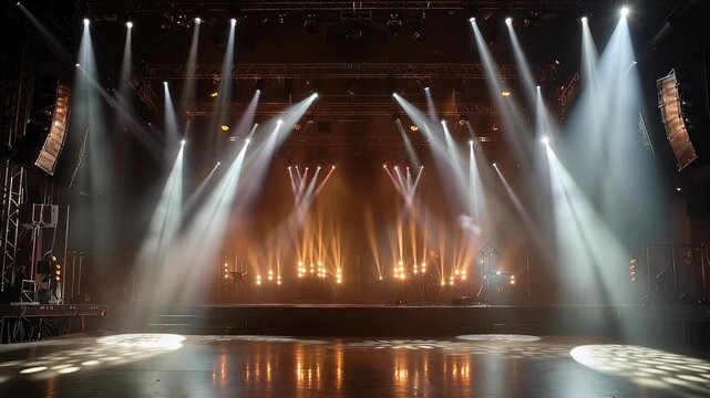 Spotlights shining on a stage before a performance in a large venue at night