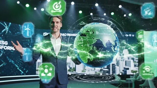 Innovative business professional launching green technology digital energy icon carbon reduction symbol driving sustainable innovation clean electricity ESG transformation for a future world
