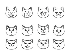 A collection of twelve simple black and white line art cat faces showing various human emotions