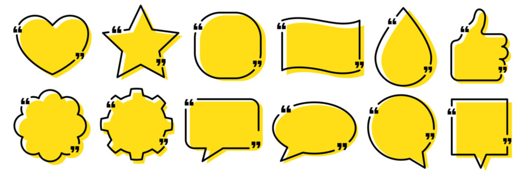 Quote box frame, big set icons. Quote text in speech bubble. Blank template quote text info design boxes quotation bubble blog quotes symbols. Quote box icon, label, sticker, badge, line, flat vector.