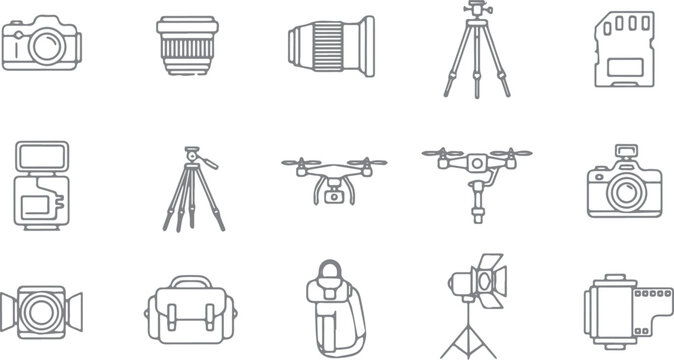 Photography icons: camera, lens, tripod, drone, flash, bag, light, film - line art, movie making, camera accessory, memory card, flat design