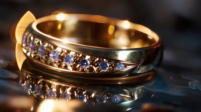Gold ring with shining details on a dark surface showing reflections and highlights in clear light