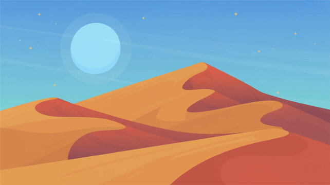 Vibrant desert landscape with orange sand dunes under a bright full moon and clear blue night sky