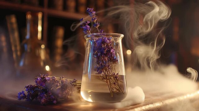 Steam rises from glass beaker as lavender is used for essential oil extraction in herbal workshop setting