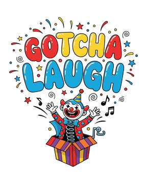 A colorful cartoon jack in the box toy featuring a happy clown with the text gotcha laugh above