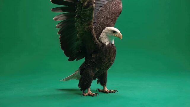 Majestic bald eagle standing with wings spread on a green screen background ready for various visual effects and editing tasks