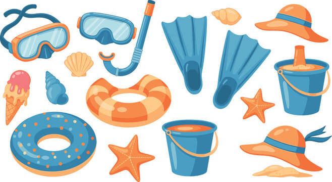 Summer vacation beach icon set with sun sunglasses beach ball flip flops snorkeling gear and sandcastle toys vector illustration for kids holiday activities and tropical travel design.