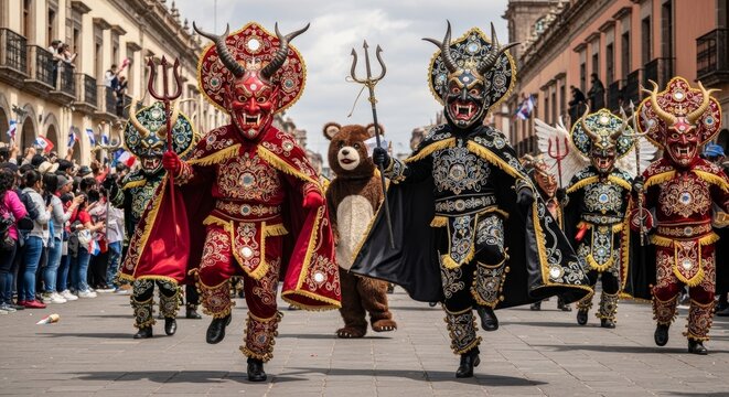Men dressed as devils with ornate masks and capes dancing in a parade. Traditional Mexican carnival celebration with dancers in elaborate costumes. Cultural street festival performance.