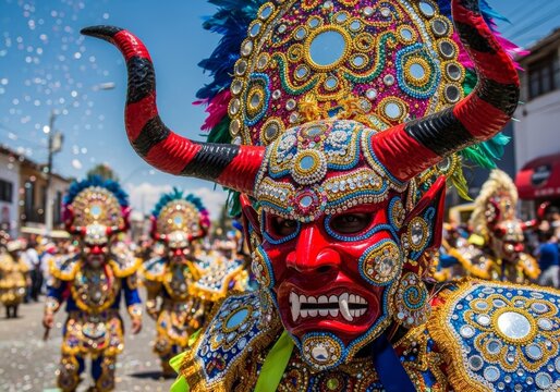 Dancer in traditional Diablada costume with ornate red devil mask at festival. Performer participating in carnival parade. South American cultural heritage and folklore celebration.