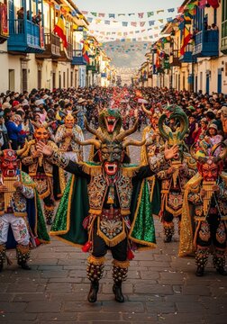 Man wearing diablada costume and mask celebrating traditional festival in city street. Dancer performing folk dance with horn headgear during carnival parade. Culture and heritage.