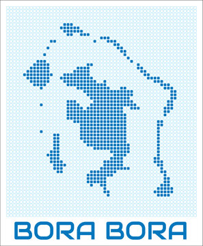 Bora Bora digital style map with blue rounded rectangle dots. French Polynesia. Dotted shape of the island. Blue colored map and title on white background. Modern Vector Illustration.