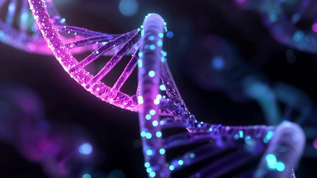 Glowing blue and purple DNA helix animation with vibrant colors and swirling effects