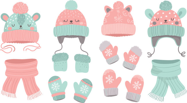 Cute winter clothing set for kids featuring animal themed knit hats with pompons matching scarves and mittens with snowflake patterns vector illustration for seasonal cold weather fashion.
