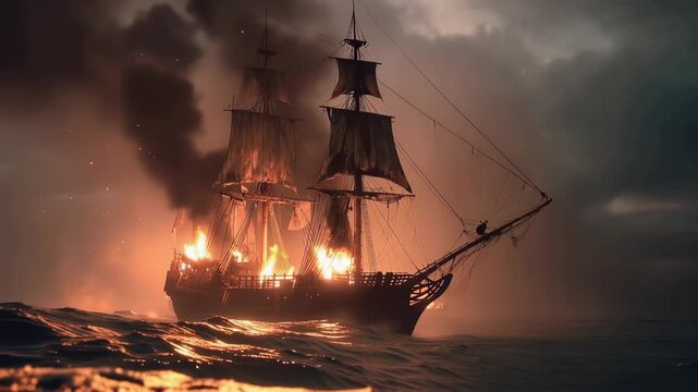 Fiery pirate ship sails through dark waters at night under a sky filled with smoke and flames