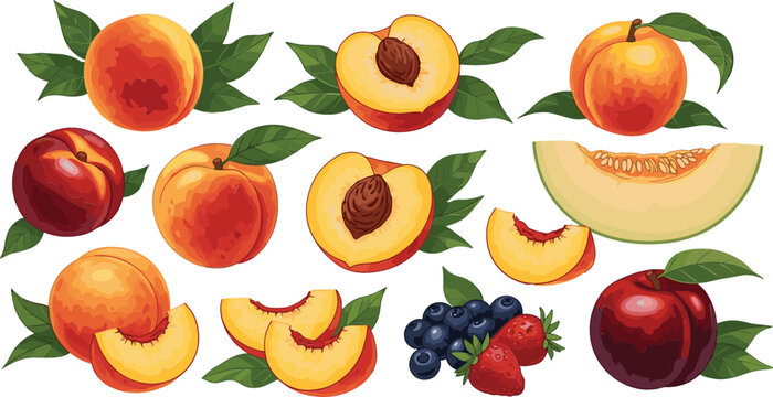 Fresh fruit collection featuring peaches nectarines melon slices blueberries and strawberries with green leaves vector illustration for healthy eating organic food packaging and summer dessert menus.