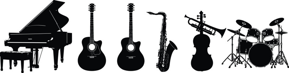 Musical instrument silhouettes, piano, acoustic guitar, violin, saxophone, trumpet, drum set, orchestra, jazz, classical, band, performance, music collection © Habiba