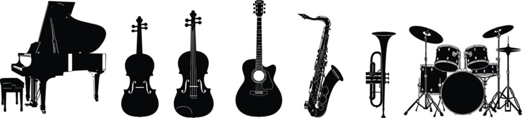 Musical instrument silhouettes, piano, cello, violin, acoustic guitar, saxophone, trumpet, drum set, orchestra, jazz, classical, band, performance, music collection © Habiba